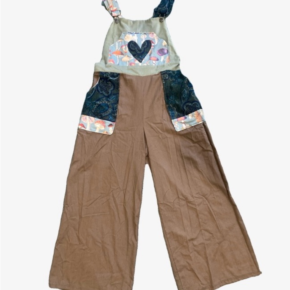 Mushroom and Paisley Wide Leg Overalls with Heart Detail Handmade